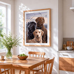 Three gun dogs in the reeds cross stitch artwork displayed on wall as home decor