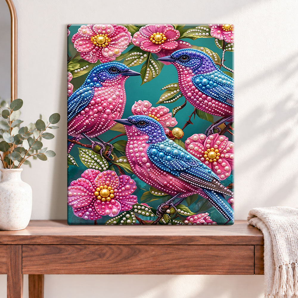 Finished three jeweled songbirds pearl diamond painting artwork displayed as home decor