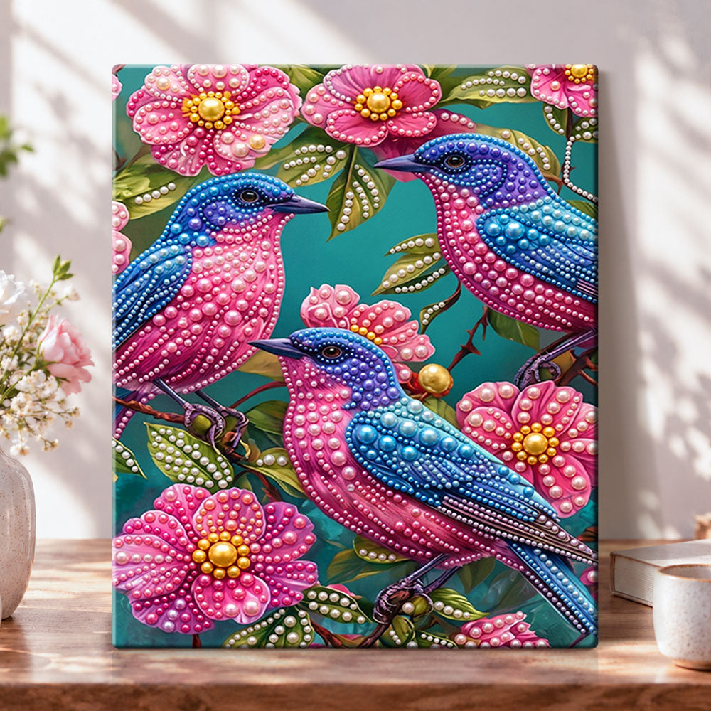 Three jeweled songbirds pearl diamond painting kit for beginners