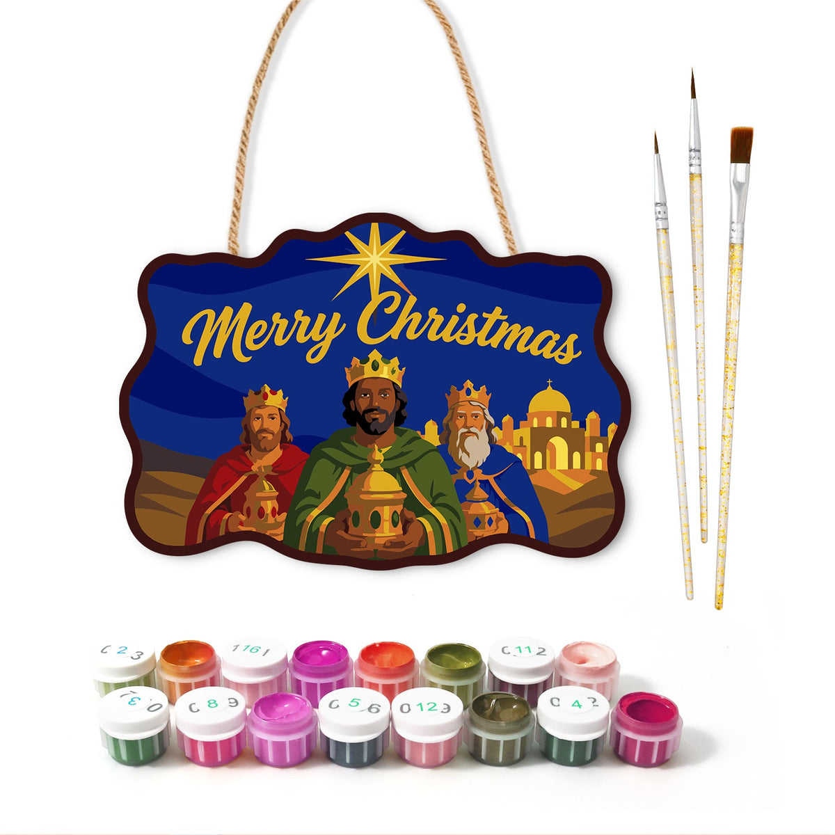 Three kings follow star paint by numbers door hanger with paints and brushes