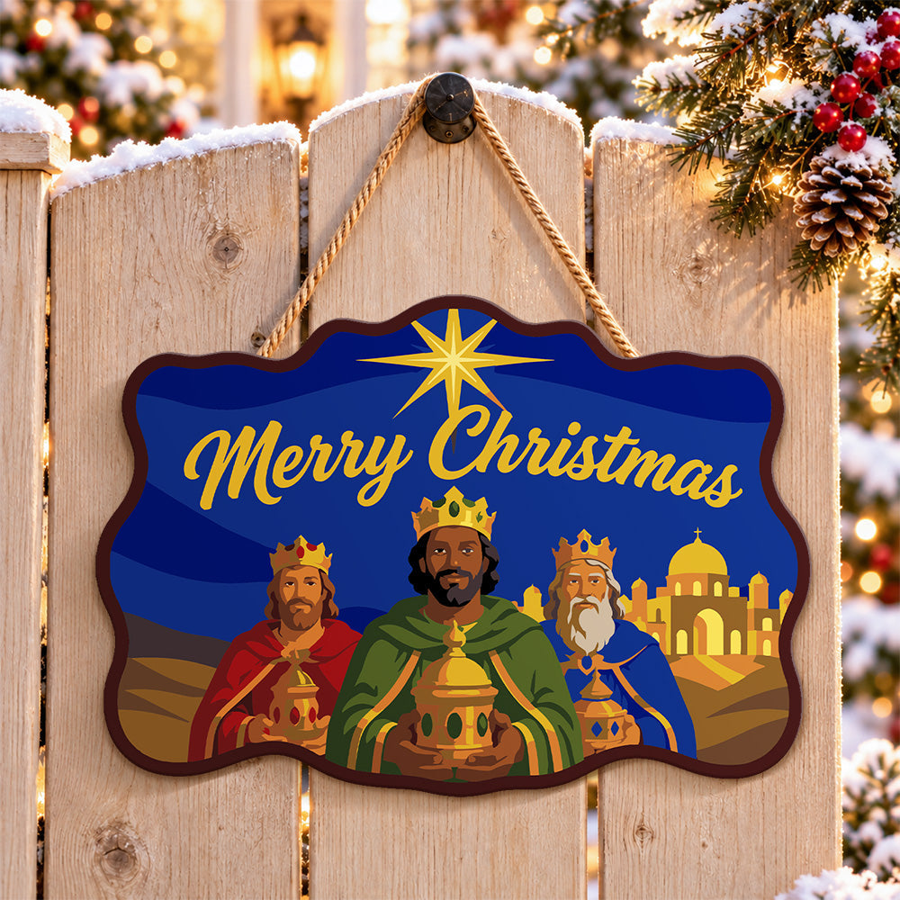 Three kings follow star paint by numbers door hanger on a garden gate