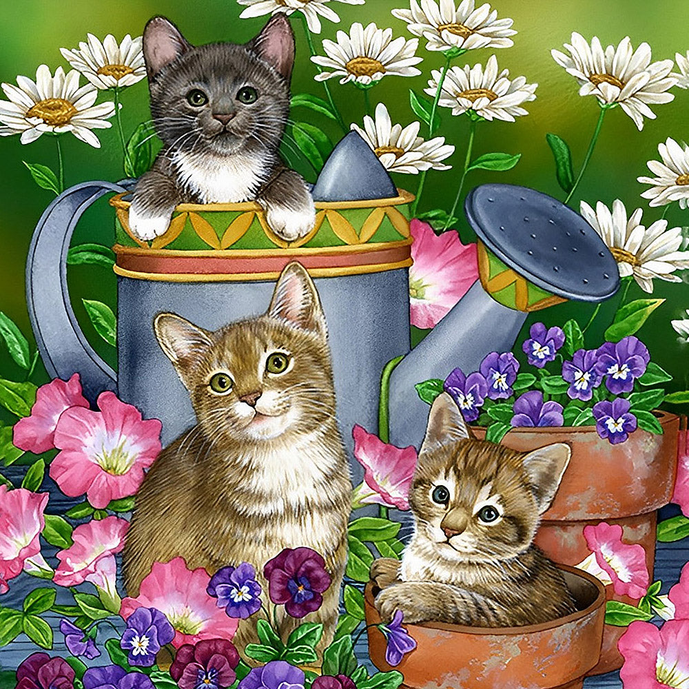 Three kittens in garden watering can cross stitch kit for beginners