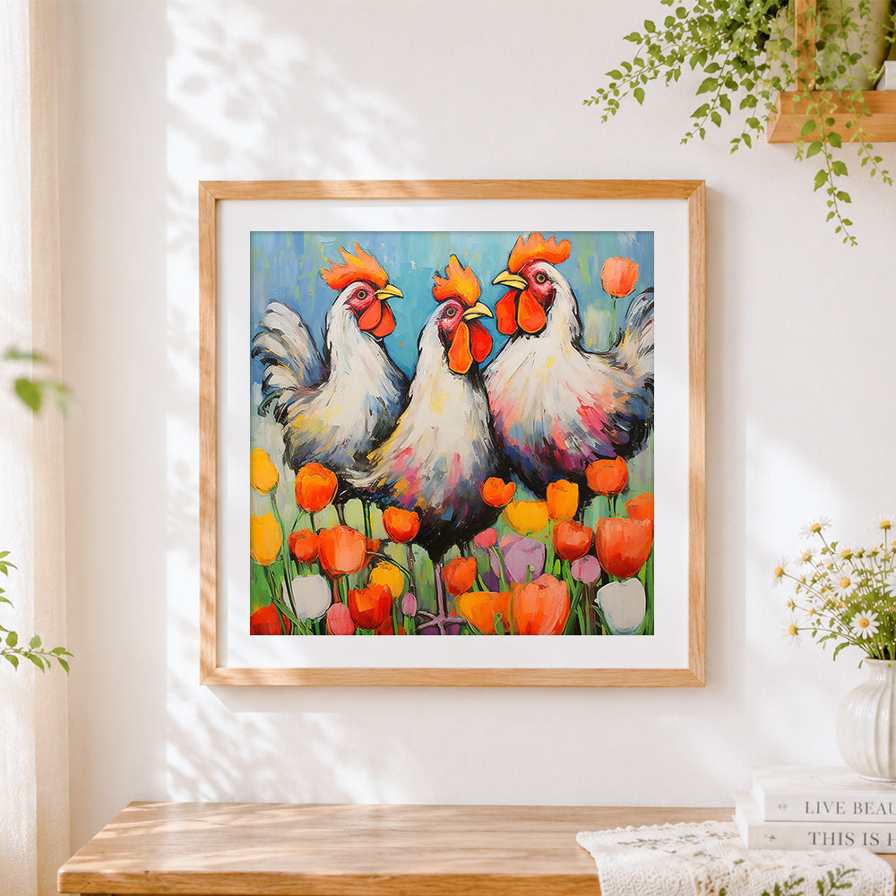 Finished three roosters in tulips cross stitch artwork displayed