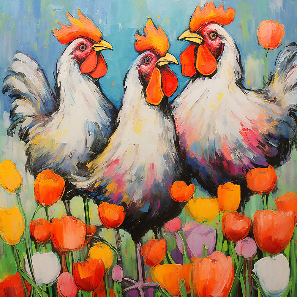 Three roosters in tulips cross stitch kit for beginners