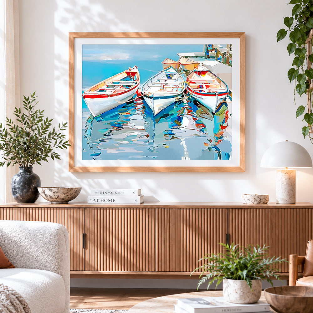 Finished three white boats paint by numbers artwork displayed as home decor