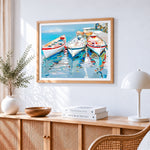 Three white boats paint by numbers artwork displayed on wall as home decor