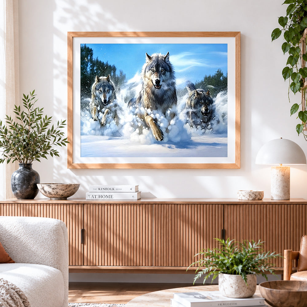 Finished three wolves running in snow cross stitch artwork displayed