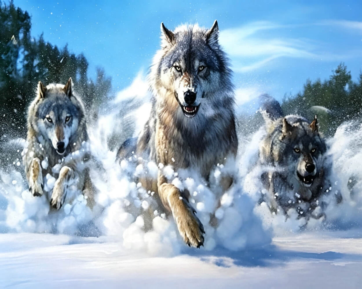 Three wolves running in snow cross stitch kit for beginners