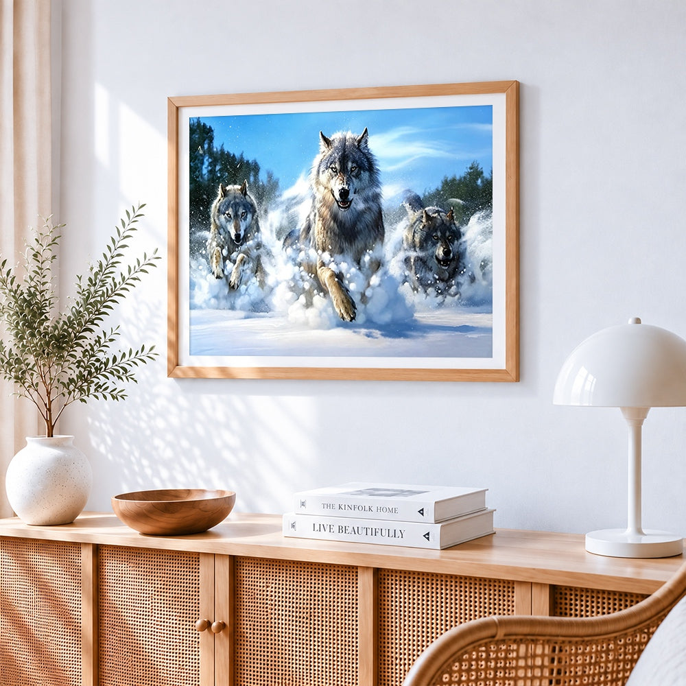 Three wolves running in snow cross stitch artwork displayed on wall as home decor