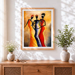 Finished three women in colourful dresses paint by numbers artwork displayed as home decor