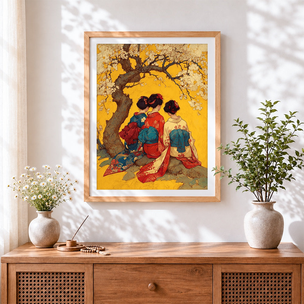 Finished three women in kimonos under blossom cross stitch artwork displayed