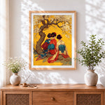 Finished three women in kimonos under blossom cross stitch artwork displayed