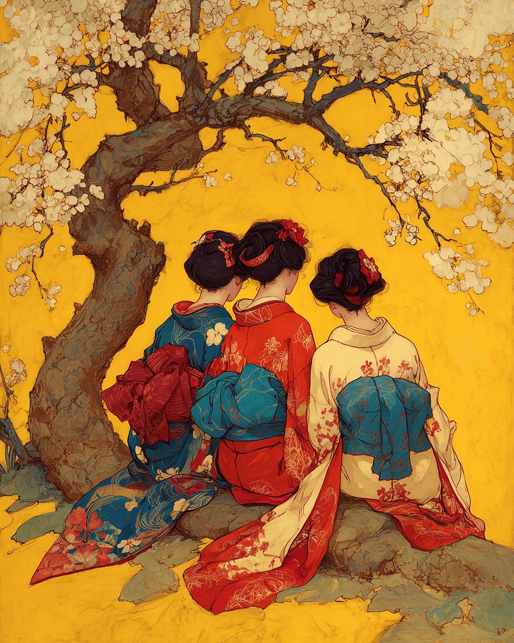 Three women in kimonos under blossom cross stitch kit for beginners
