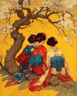 Three women in kimonos under blossom cross stitch kit for beginners