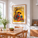 Three women in kimonos under blossom cross stitch artwork displayed on wall as home decor