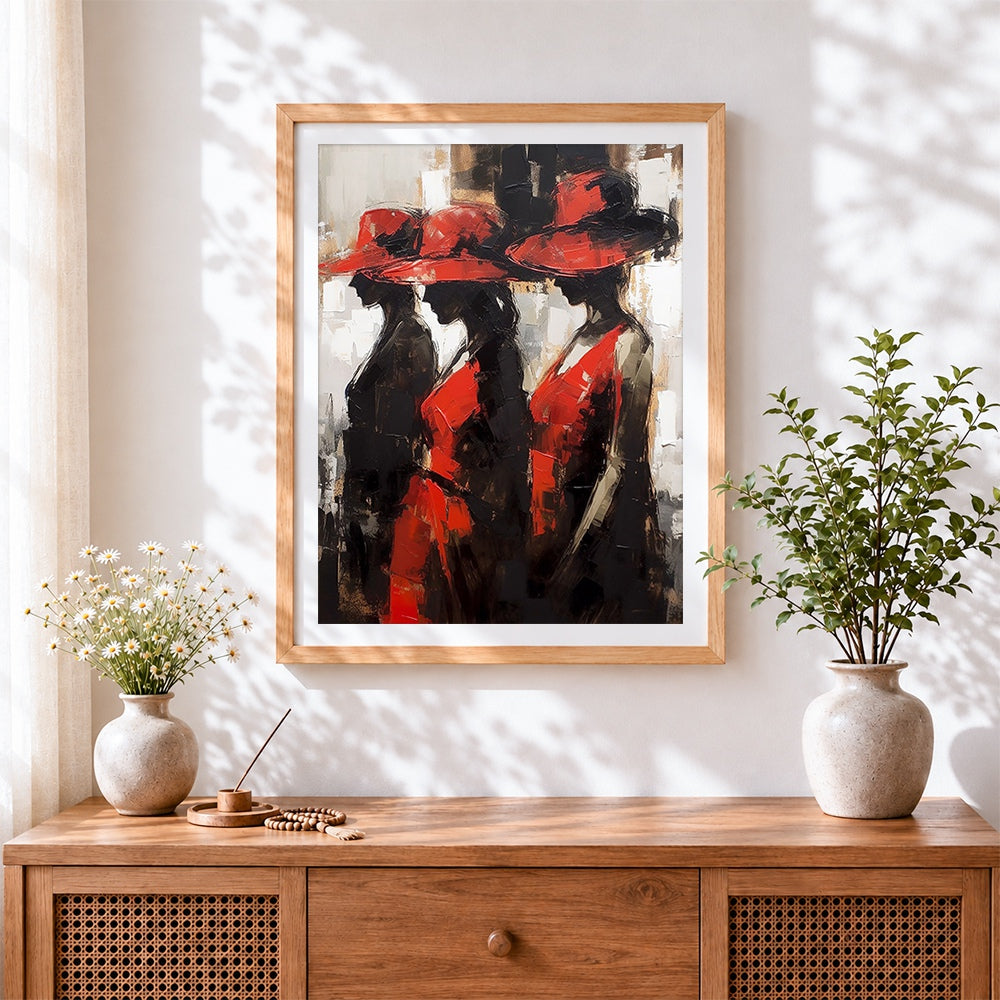 Finished three women in red hats cross stitch artwork displayed