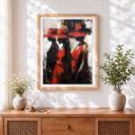Finished three women in red hats cross stitch artwork displayed