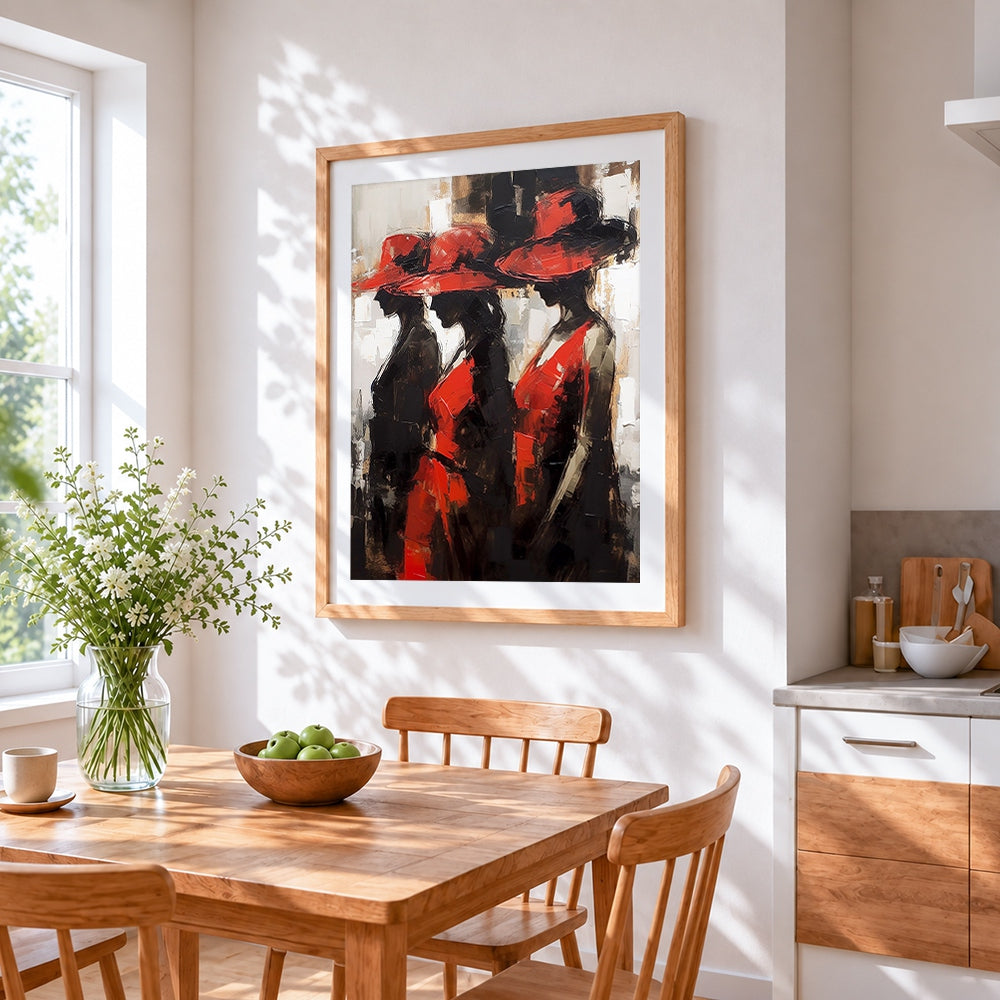 Three women in red hats cross stitch artwork displayed on wall as home decor