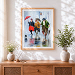 Finished three women walking in rain cross stitch artwork displayed