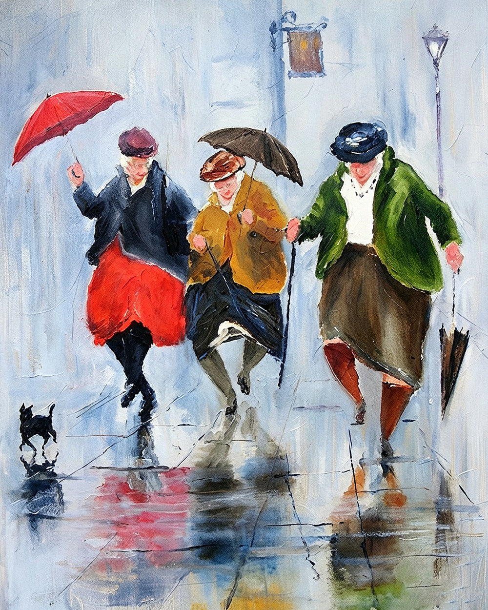Three women walking in rain cross stitch kit for beginners