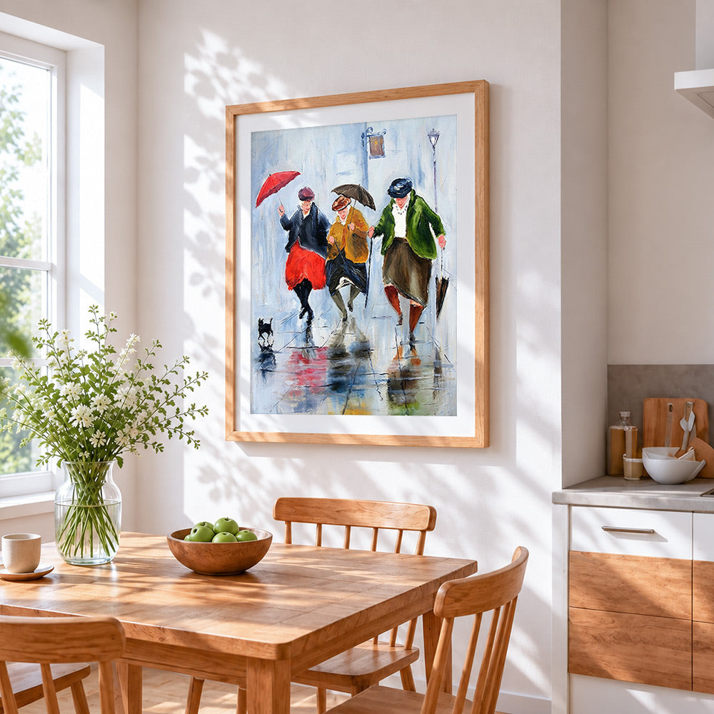 Three women walking in rain cross stitch artwork displayed on wall as home decor