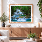 Finished tiered waterfall in a lush forest paint by numbers artwork displayed as home decor