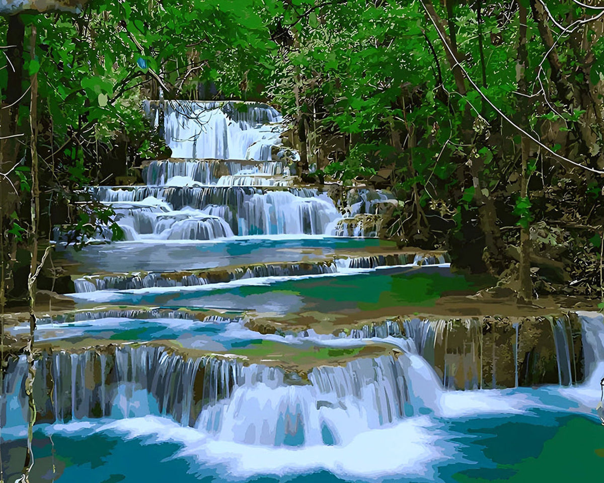Tiered waterfall in a lush forest paint by numbers kit for beginners