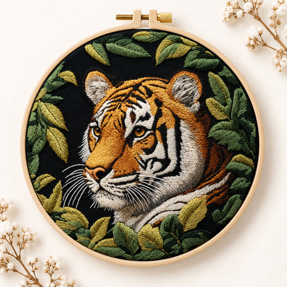 Tiger among green leaves embroidery kit