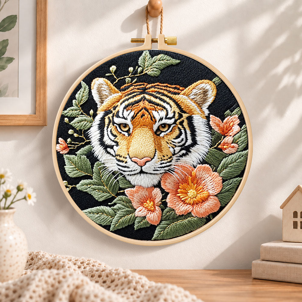Tiger and peach blossoms embroidery hoop wall art displayed as warm and cosy handmade home decor
