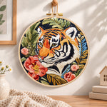 Tiger and red peonies embroidery hoop wall art displayed as warm and cosy handmade home decor