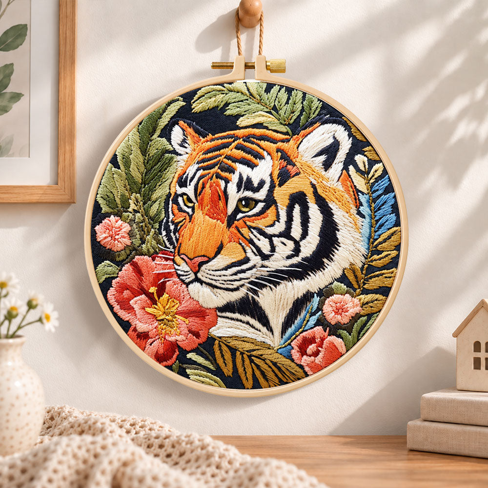 Tiger and red peonies embroidery hoop wall art displayed as warm and cosy handmade home decor