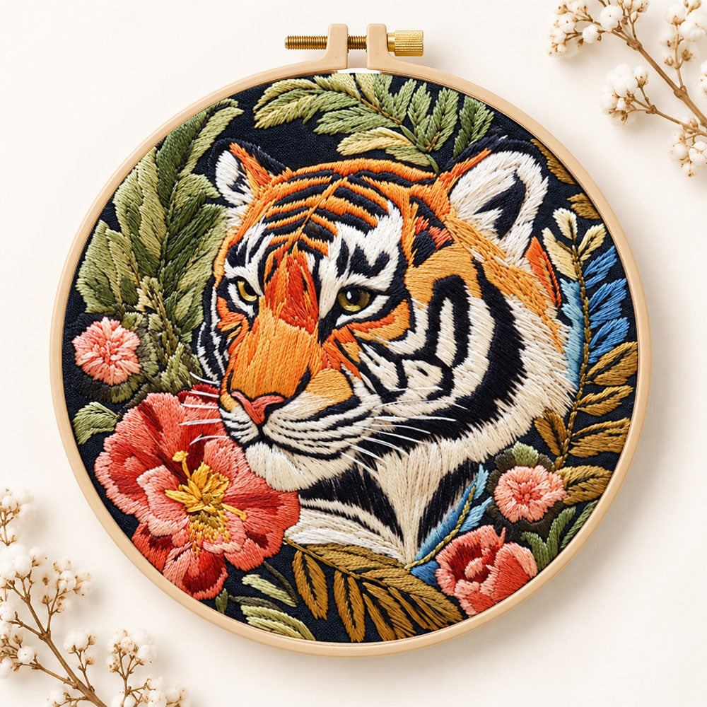 Tiger and red peonies embroidery kit