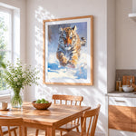 Tiger cub in snow cross stitch artwork displayed on wall as home decor