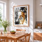 Tiger descending the mountain cross stitch artwork displayed on wall as home decor
