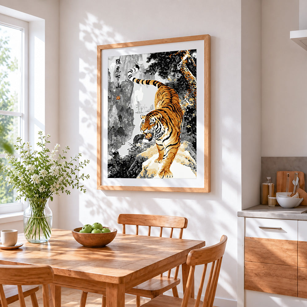 Tiger descending the mountain cross stitch artwork displayed on wall as home decor