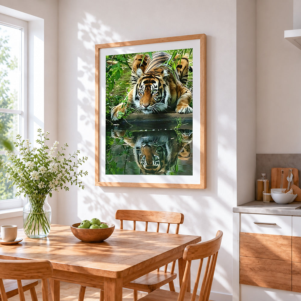 Tiger drinking water reflection cross stitch artwork displayed on wall as home decor