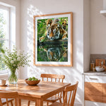 Tiger drinking water reflection cross stitch artwork displayed on wall as home decor