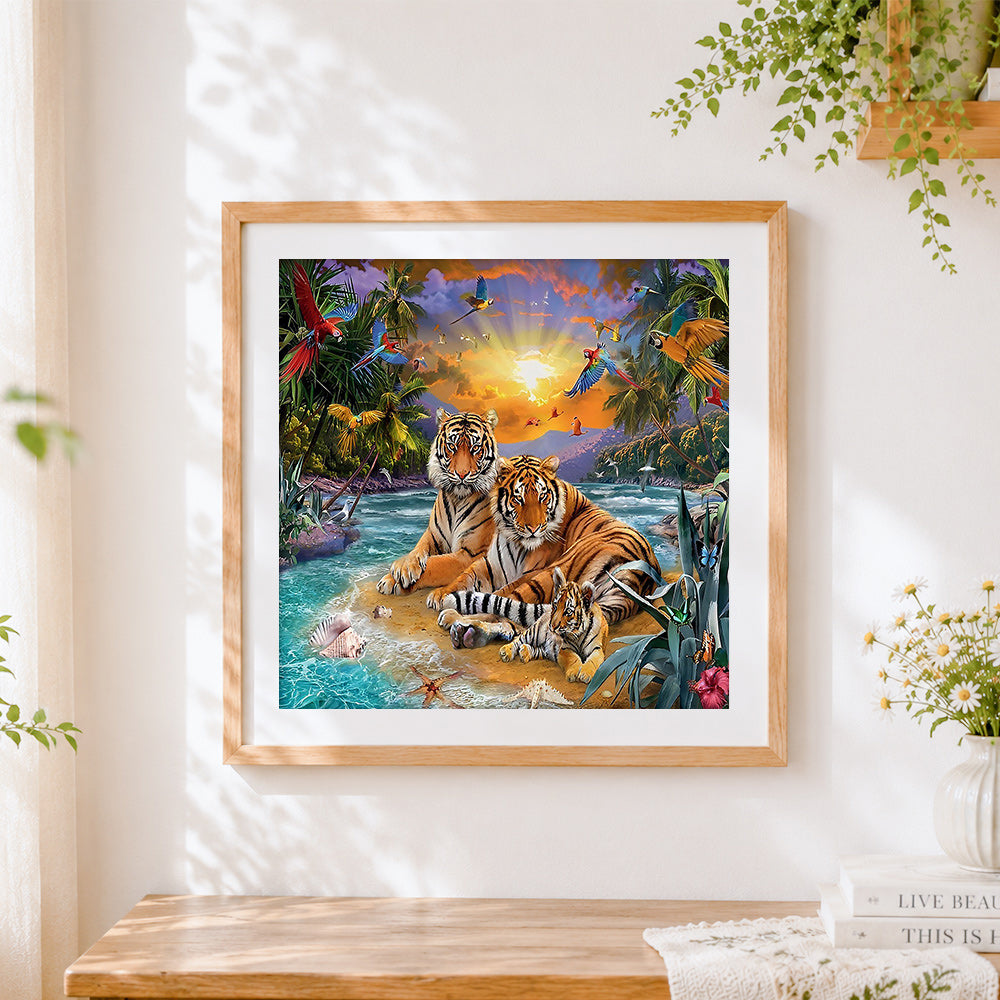Finished tiger family in tropical paradise cross stitch artwork displayed