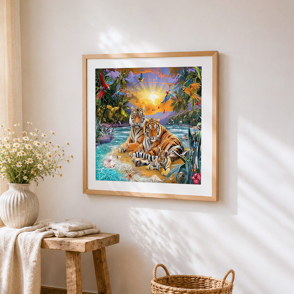 Tiger family in tropical paradise cross stitch artwork displayed on wall as home decor