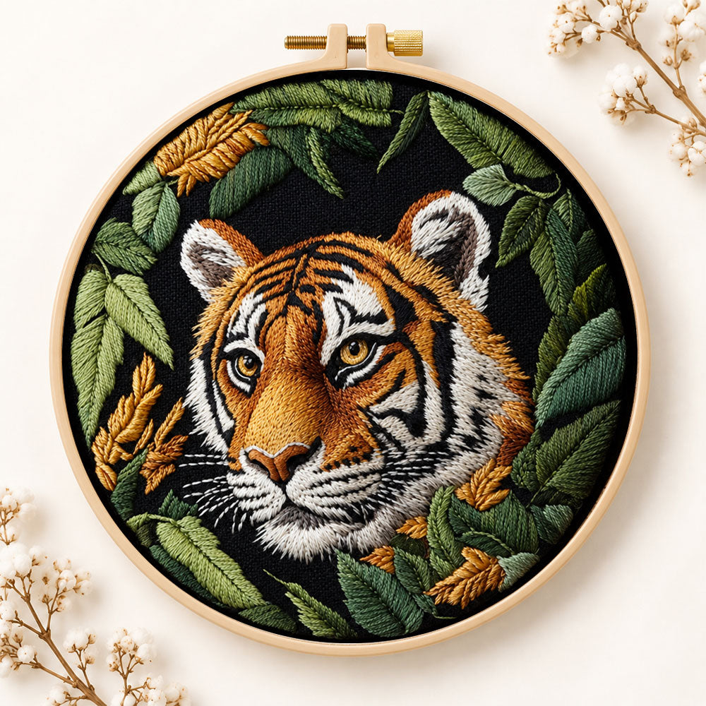 Tiger in dark foliage embroidery kit