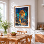 Tiger in jungle at night cross stitch artwork displayed on wall as home decor