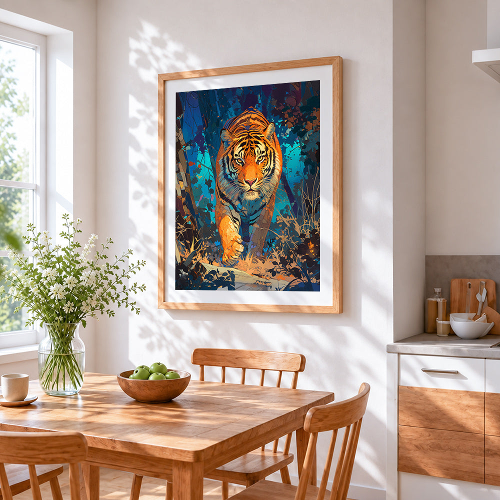 Tiger in jungle at night cross stitch artwork displayed on wall as home decor