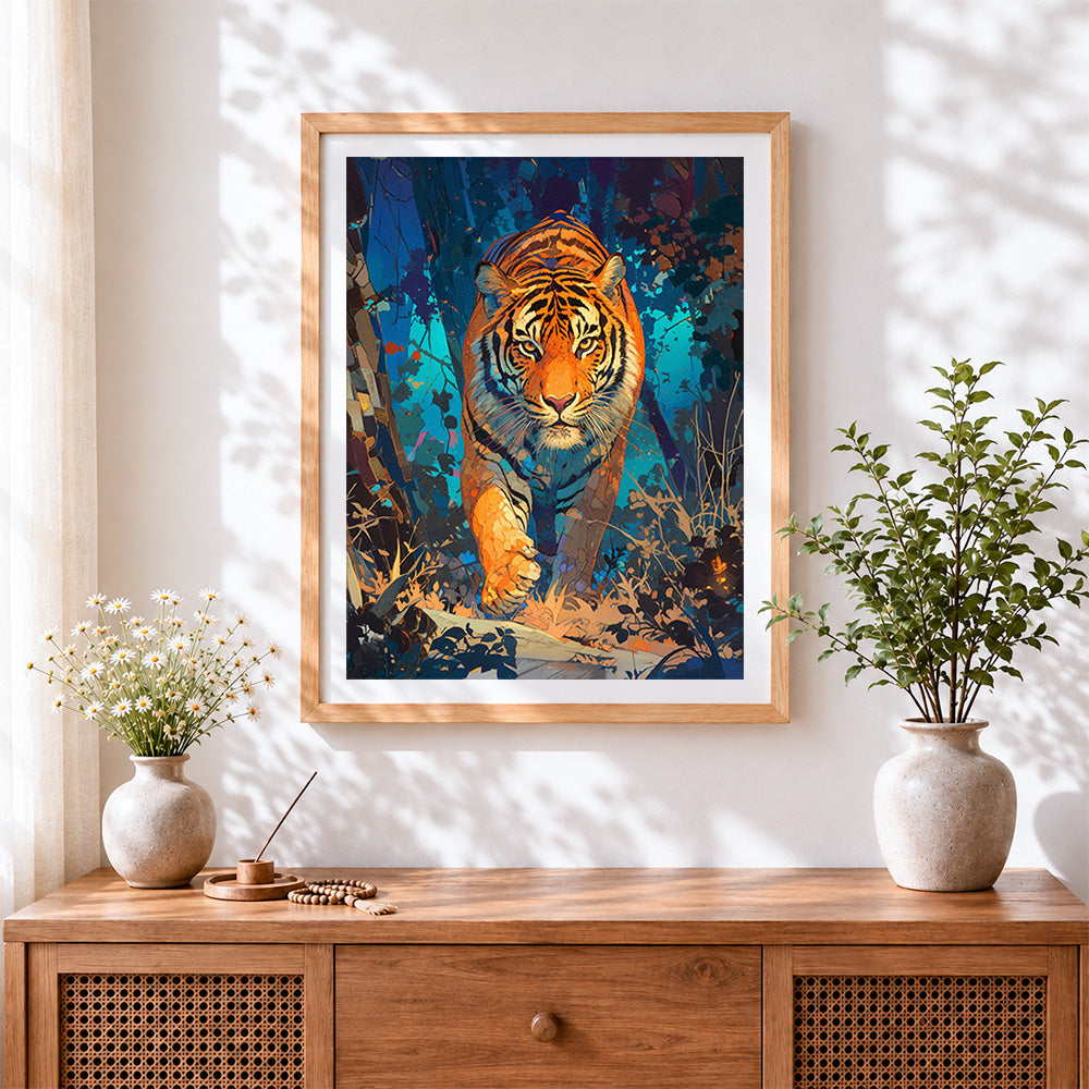Finished tiger in jungle at night paint by numbers artwork displayed as home decor
