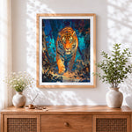 Finished tiger in jungle at night paint by numbers artwork displayed as home decor