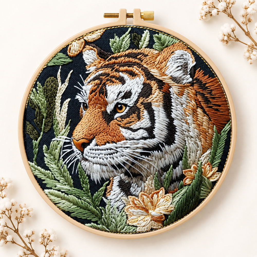Tiger in jungle foliage embroidery kit