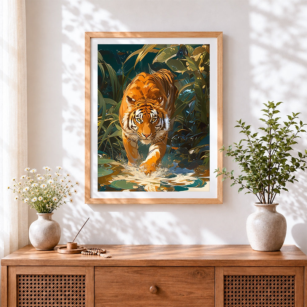 Finished tiger in jungle water cross stitch artwork displayed