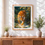 Finished tiger in jungle water paint by numbers artwork displayed as home decor