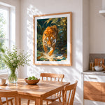 Tiger in jungle water paint by numbers artwork displayed on wall as home decor