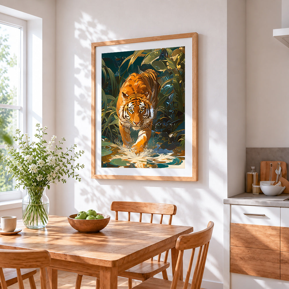 Tiger in jungle water paint by numbers artwork displayed on wall as home decor