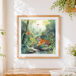 Finished tiger resting by a stream cross stitch artwork displayed